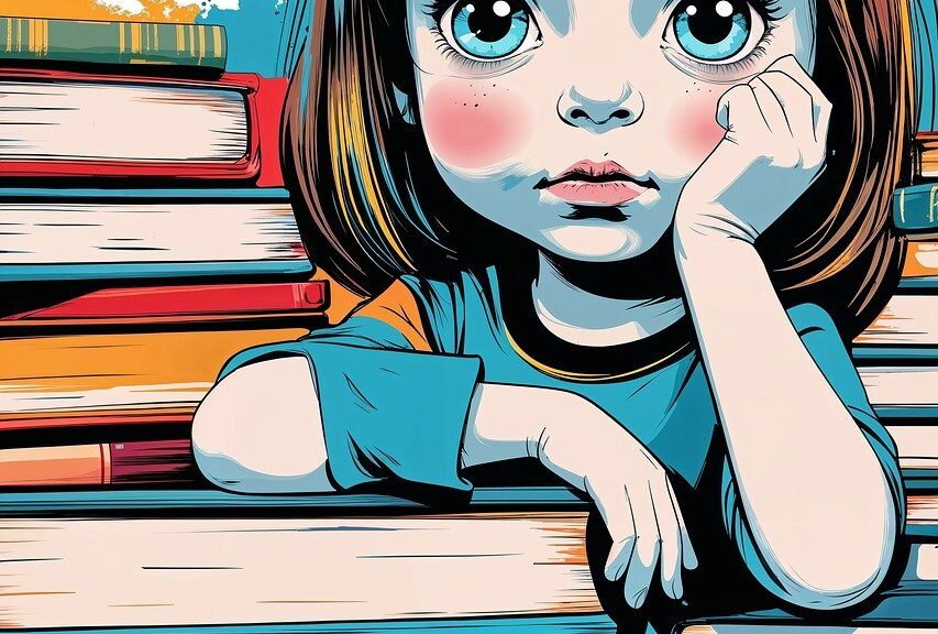 dessin d'une petite fille avec des livres