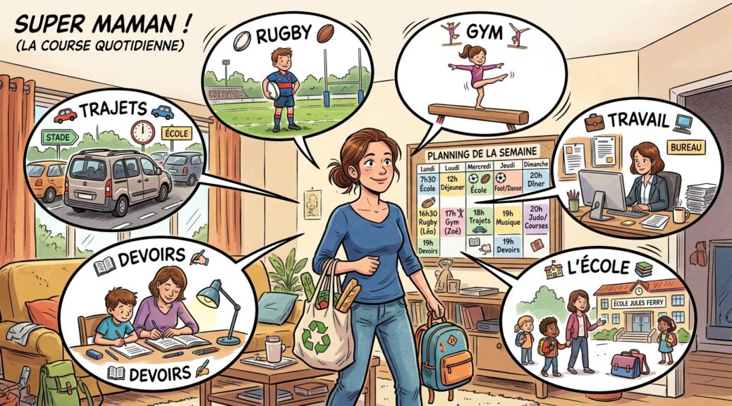 Dessin d'une mère organisée entre école, travail, devoirs, trajets et sports enfants